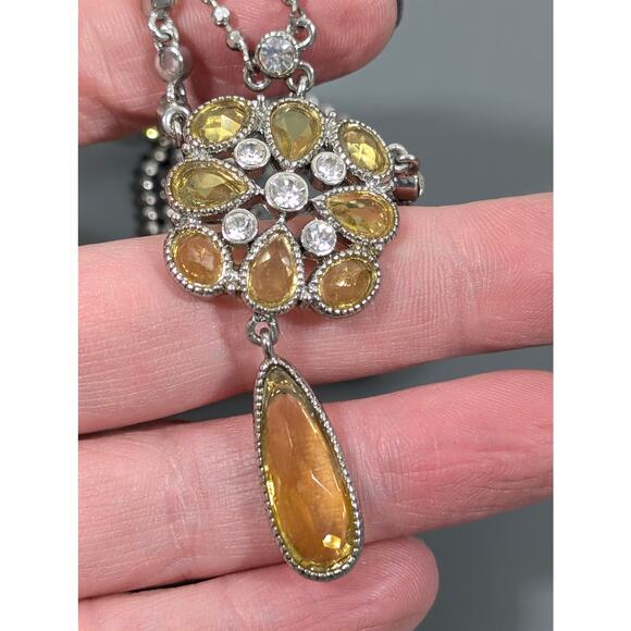 Cookie Lee Yellow Crystal Charm Drape Tennis Chain Necklace Silver Tone 19" - Picture 10 of 11